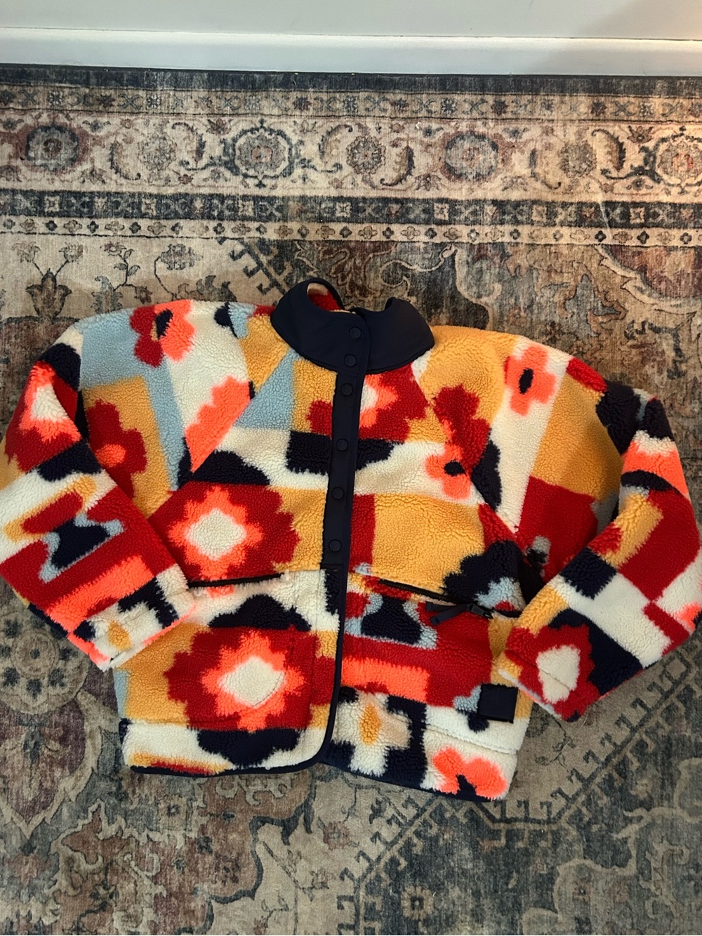FP Movement by Free People Floral Block Sherpa Jacket - Red, Orange, Navy, Cream